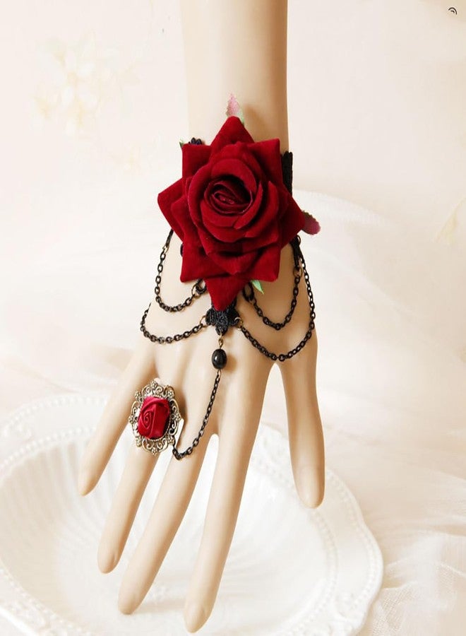 Izpack Red Rose Flower Lace Bracelet with Fabric Floral Slave Finger Ring for Women Chain Tassel Adjustable Bracelets Hand Hardness Rings Vintage Gothic Vampire Jewelry Gifts - Image 3