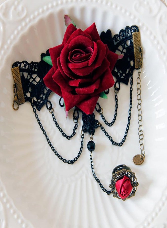 Izpack Red Rose Flower Lace Bracelet with Fabric Floral Slave Finger Ring for Women Chain Tassel Adjustable Bracelets Hand Hardness Rings Vintage Gothic Vampire Jewelry Gifts - Image 5