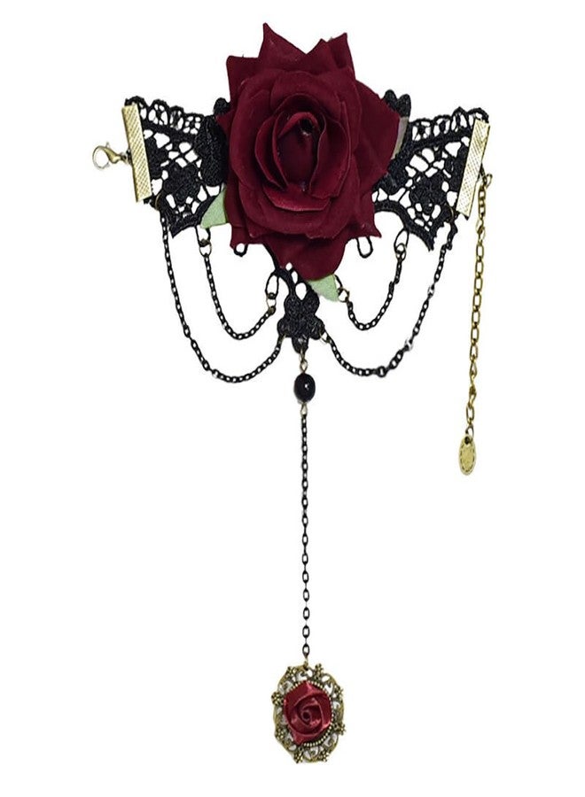 Izpack Red Rose Flower Lace Bracelet with Fabric Floral Slave Finger Ring for Women Chain Tassel Adjustable Bracelets Hand Hardness Rings Vintage Gothic Vampire Jewelry Gifts - Image 1