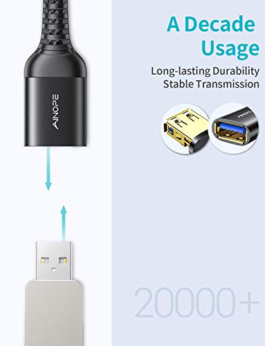 AINOPE 2 Pack USB Extensions Cable High Speed USB 3.0 Extension Cord Type A Male to Female Sturdy Braided Material Fast Data Transfer Compatible with USB Keyboard,Mouse,Flash Drive,Black,6.6FT+6.6FT - Image 4