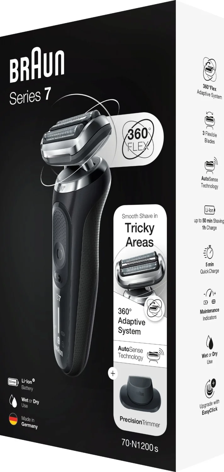 BRAUN Series 7 N1200s Cordless Shaver - AutoSence - 360° Flex - EasyClick Wet & Dry
