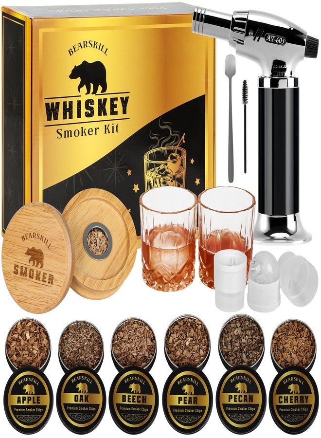 BearSkill Whiskey Smoker Kit With Torch - 6 Natural Wood Chips Flavors, 2 Glasses, Ice Molds Cocktail Infuser Kit, Old Fashioned Birthday Bourbon Gifts For Men, Dad(No Butane) - Image 1