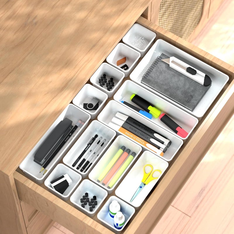 Cetomo 25 Pcs Drawer Organiser Set, Plastic Storage Drawer Organizer, Drawer Dividers, Adjustable and Expandable, Container Tray for Kitchen Utensils, Cosmetic, Makeup, Gadgets, White, 4 Size-25 Pack - Image 4
