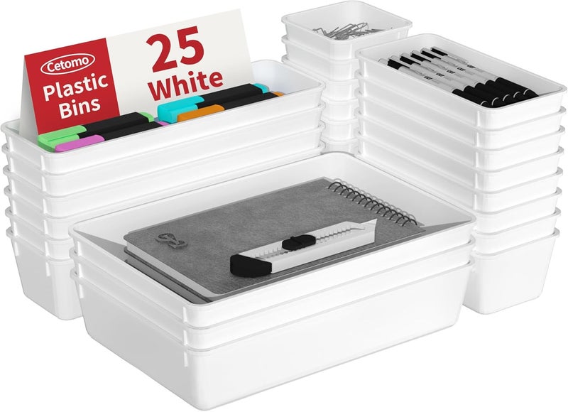 Cetomo 25 Pcs Drawer Organiser Set, Plastic Storage Drawer Organizer, Drawer Dividers, Adjustable and Expandable, Container Tray for Kitchen Utensils, Cosmetic, Makeup, Gadgets, White, 4 Size-25 Pack - Image 1