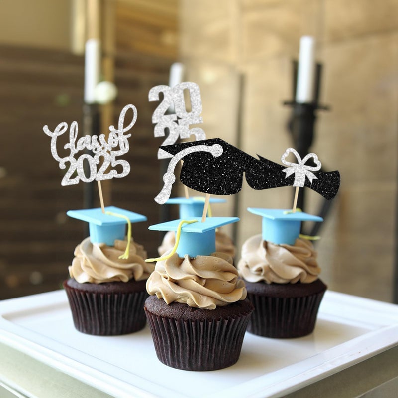 Ephlyn 36 Pack Silver Glitter Graduation Cupcake Toppers 2025 Congrats Grad Class Of 2025 Graduation Cupcake Toppers Cupcake Picks Graduation 2025 for Graduation Party Decorations 2025 - Image 5