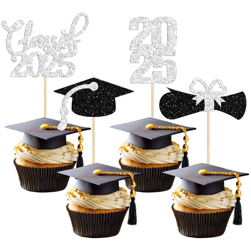 Ephlyn 36 Pack Silver Glitter Graduation Cupcake Toppers 2025 Congrats Grad Class Of 2025 Graduation Cupcake Toppers Cupcake Picks Graduation 2025 for Graduation Party Decorations 2025 - Image 1