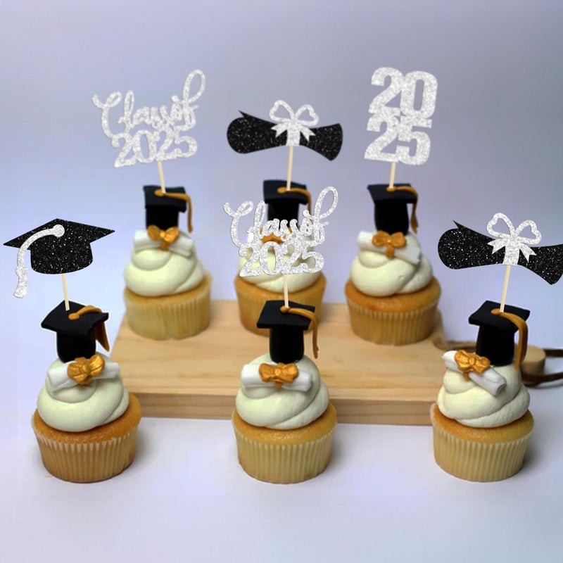 Ephlyn 36 Pack Silver Glitter Graduation Cupcake Toppers 2025 Congrats Grad Class Of 2025 Graduation Cupcake Toppers Cupcake Picks Graduation 2025 for Graduation Party Decorations 2025 - Image 4