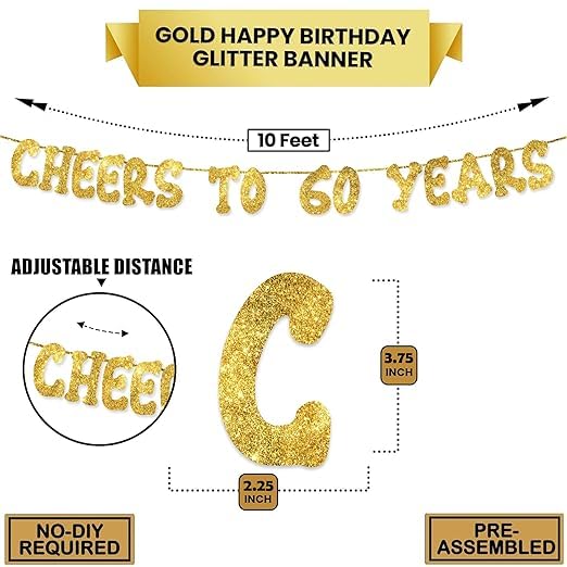 TrifleArte Cheers to 60 Years Banner | 60th Birthday Party Golden Glitter Banner | Party Decorations and Supplies | Wedding Anniversary Decorations | Pre-Strung - Image 3