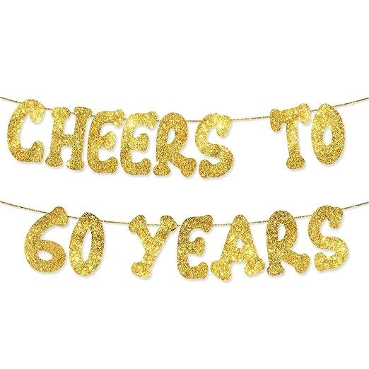 TrifleArte Cheers to 60 Years Banner | 60th Birthday Party Golden Glitter Banner | Party Decorations and Supplies | Wedding Anniversary Decorations | Pre-Strung - Image 1