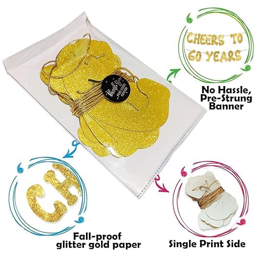 TrifleArte Cheers to 60 Years Banner | 60th Birthday Party Golden Glitter Banner | Party Decorations and Supplies | Wedding Anniversary Decorations | Pre-Strung - Image 4