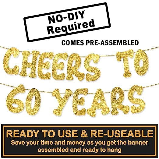 TrifleArte Cheers to 60 Years Banner | 60th Birthday Party Golden Glitter Banner | Party Decorations and Supplies | Wedding Anniversary Decorations | Pre-Strung - Image 2