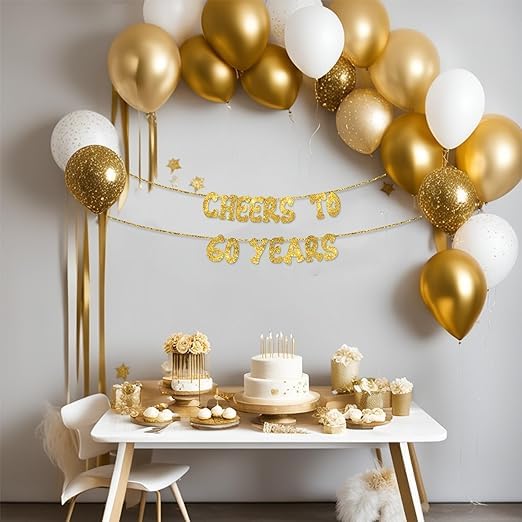 TrifleArte Cheers to 60 Years Banner | 60th Birthday Party Golden Glitter Banner | Party Decorations and Supplies | Wedding Anniversary Decorations | Pre-Strung - Image 5