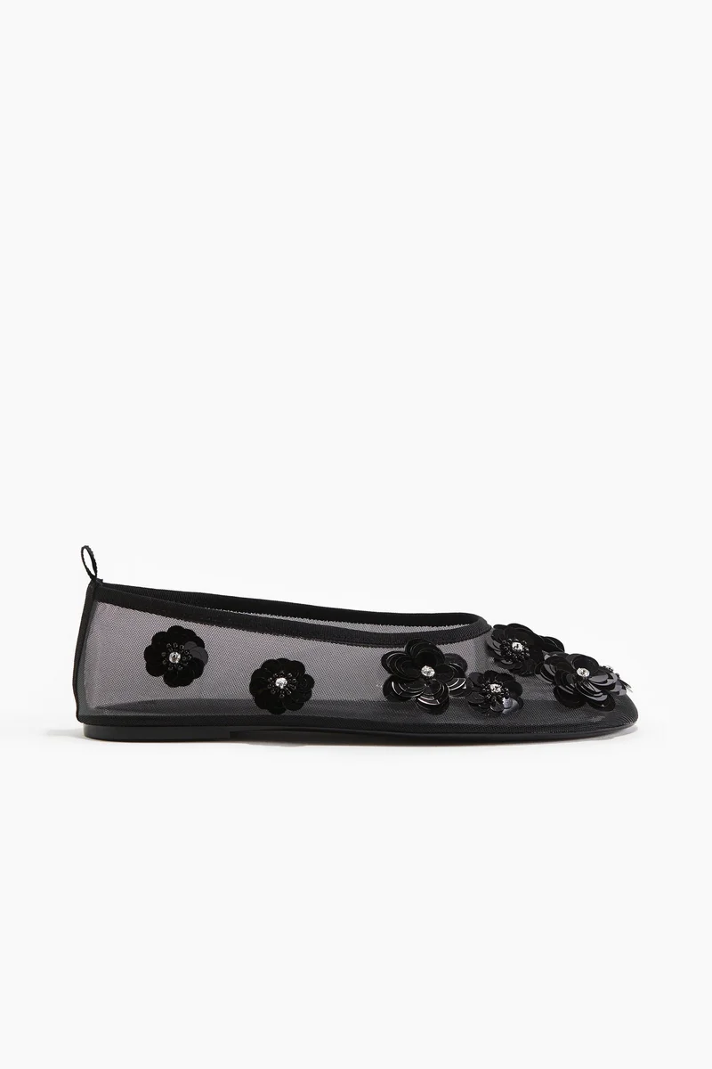 H&M Appliquéd mesh ballet flats