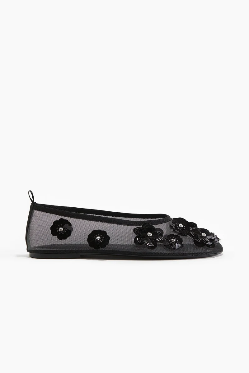 H&M Appliquéd mesh ballet flats