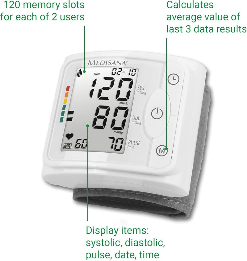 Medisana BW 320 Wrist Blood Pressure Monitor Precise Blood Pressure Pulse Measurement Including Blood Pressure Cuff Memory Function Traffic Light Scale Function to Indicate Irregular Heartbeat - Image 5