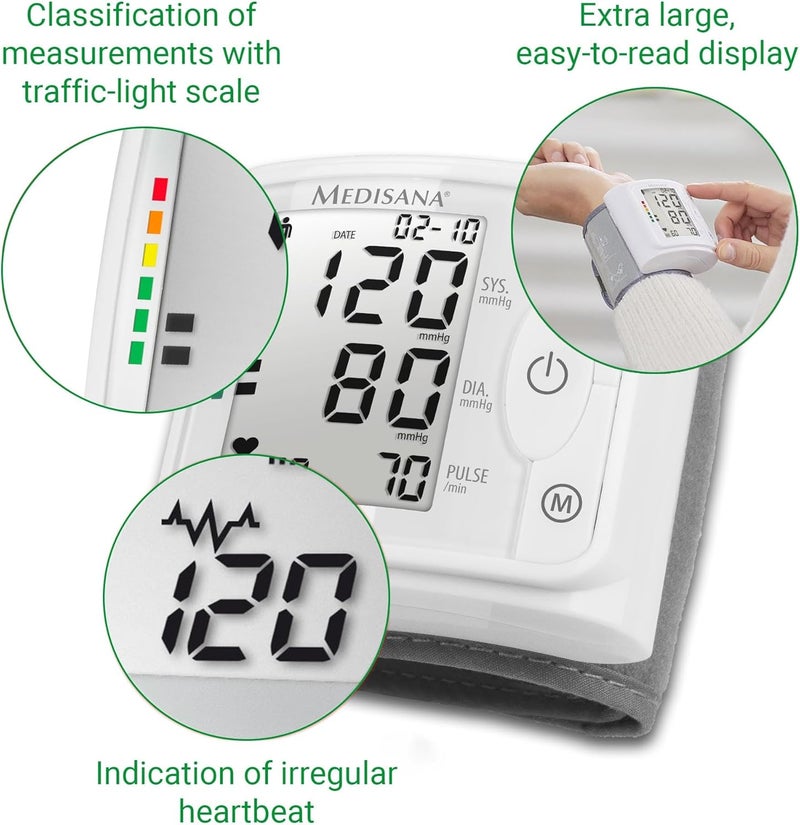 Medisana BW 320 Wrist Blood Pressure Monitor Precise Blood Pressure Pulse Measurement Including Blood Pressure Cuff Memory Function Traffic Light Scale Function to Indicate Irregular Heartbeat - Image 4