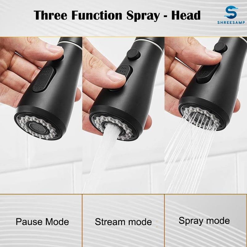 SHREESAMP Kitchen Sink Mixer Tap with Pull Out Sprayer Black Single Handle High Arc Solid Brass Construction Stainless Steel Standard Fittings Modern Pull Out Kitchen Faucet - Image 5
