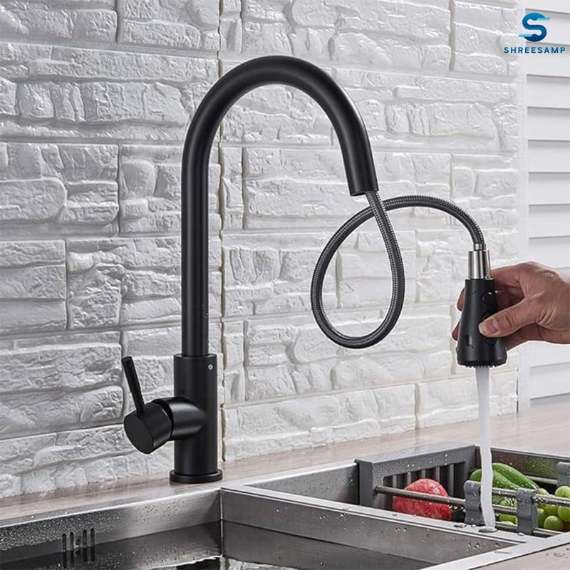 SHREESAMP Kitchen Sink Mixer Tap with Pull Out Sprayer Black Single Handle High Arc Solid Brass Construction Stainless Steel Standard Fittings Modern Pull Out Kitchen Faucet - Image 4