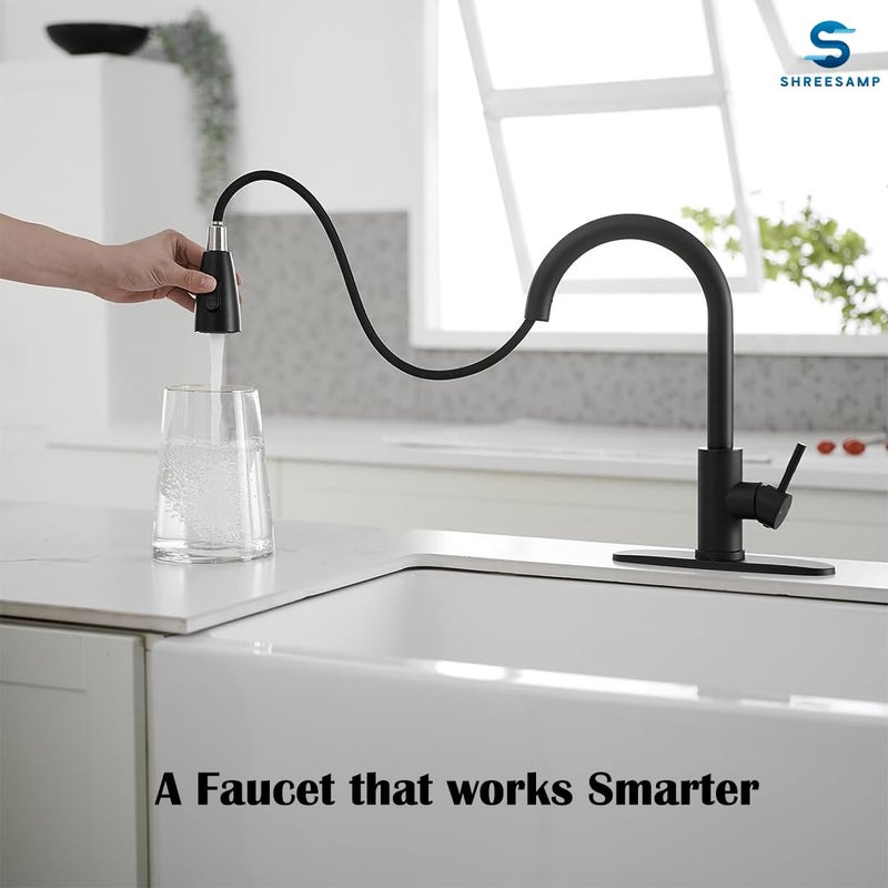 SHREESAMP Kitchen Sink Mixer Tap with Pull Out Sprayer Black Single Handle High Arc Solid Brass Construction Stainless Steel Standard Fittings Modern Pull Out Kitchen Faucet - Image 3