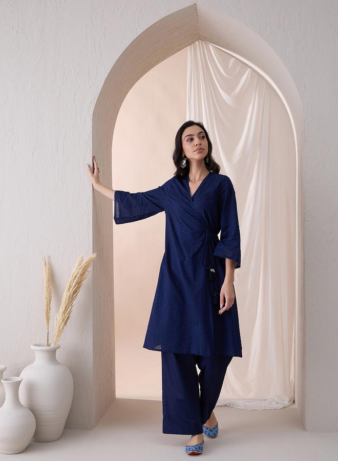 Femmella Femmella Cotton Textured Dobby Wrap Kurta with Straight Pant Co-Ords  - Image 3