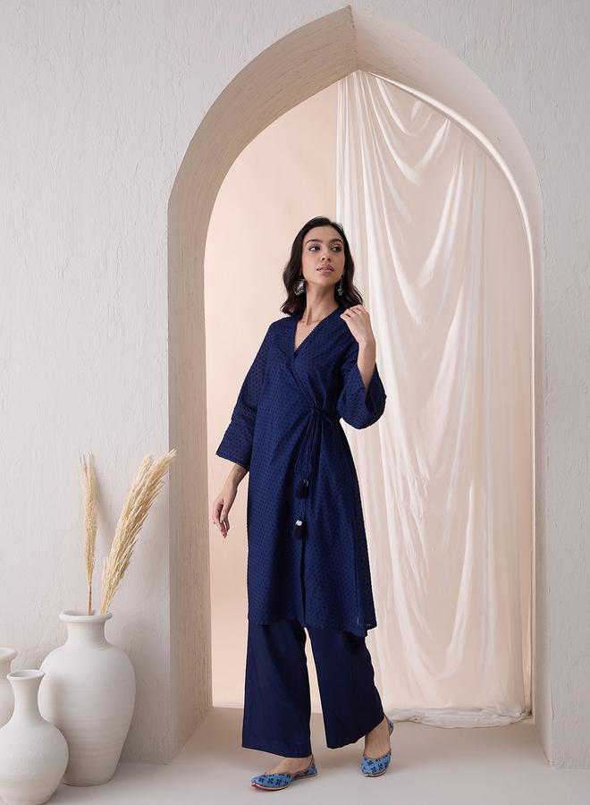 Femmella Femmella Cotton Textured Dobby Wrap Kurta with Straight Pant Co-Ords  - Image 4