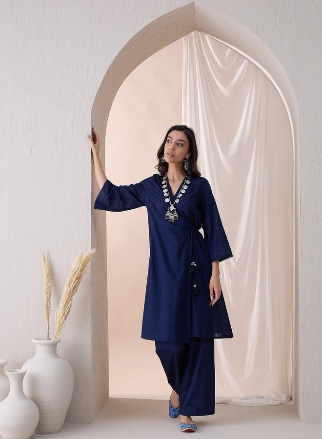 Femmella Femmella Cotton Textured Dobby Wrap Kurta with Straight Pant Co-Ords  - Image 1