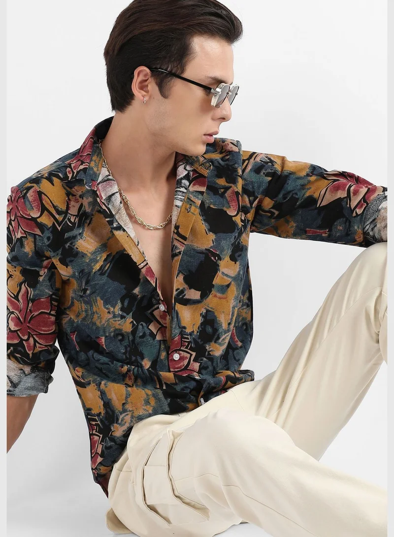 Campus Sutra Printed Spread Collar Long Sleeve Shirt