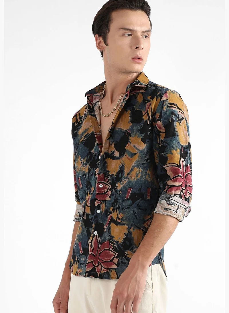 Campus Sutra Printed Spread Collar Long Sleeve Shirt
