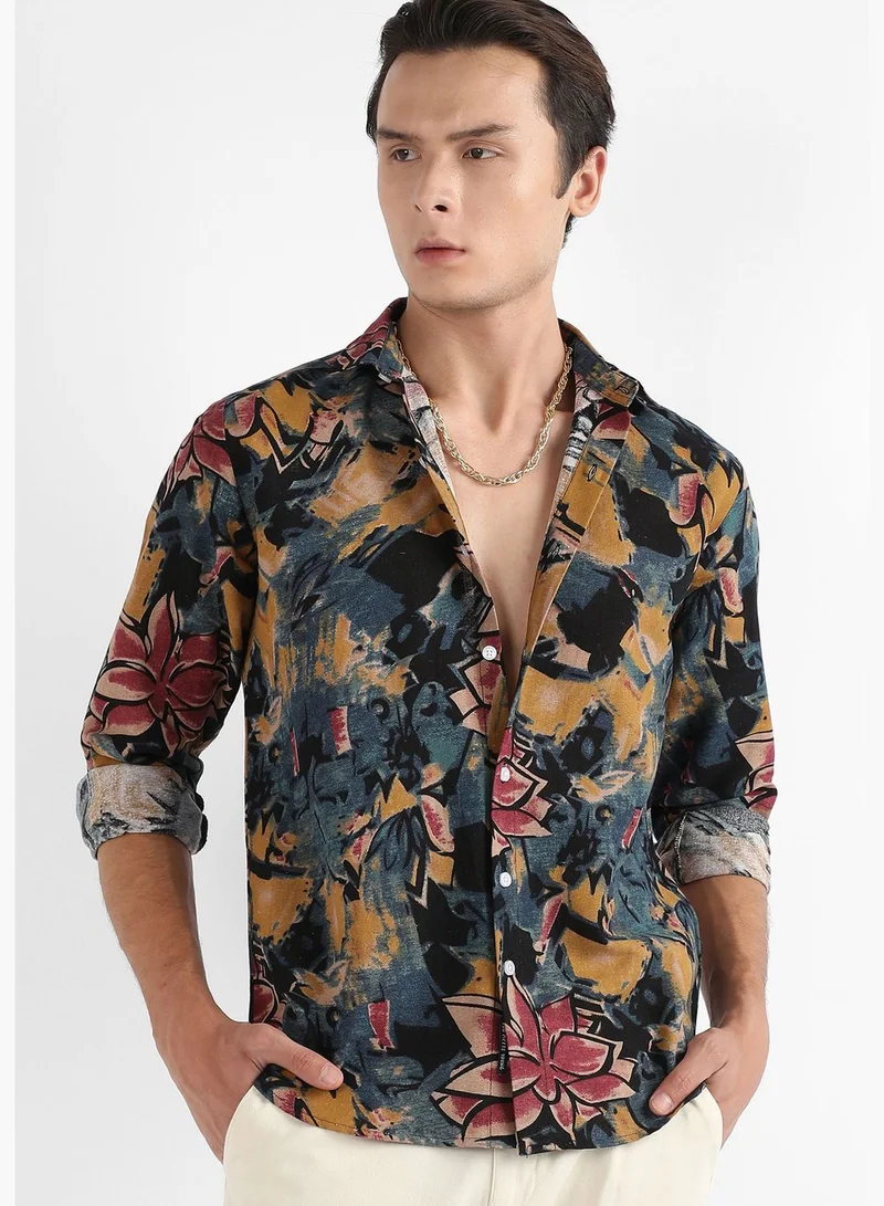 Campus Sutra Printed Spread Collar Long Sleeve Shirt