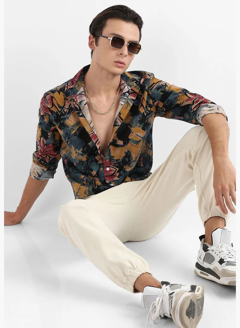 Campus Sutra Printed Spread Collar Long Sleeve Shirt