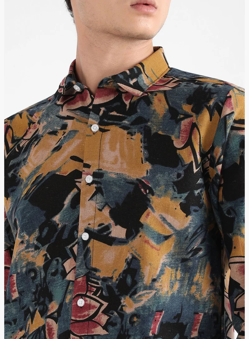 Campus Sutra Printed Spread Collar Long Sleeve Shirt