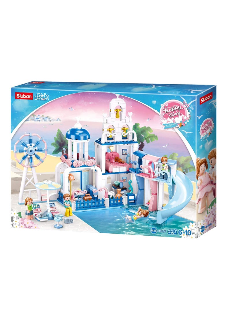 سلوبان Sluban Girls Dream Villa building set, model includes 446 pieces. The villa features a slide, a windmill, and living and entertainment areas. Building blocks, construction block set, kids building blocks, assembly, boys, blocks, girls toys, building game toy, construction toy, boys block sets, large kids blocks, building blocks, character blocks, skill development blocks, kids intelligence blocks. Home toys for children, toys for boys and girls, kids toy, kids toys, children’s toy, group games, educational kids toys, toys, boys toys, toys for 1-year-old children, toys for 6-year-old children, toys. - Image 1