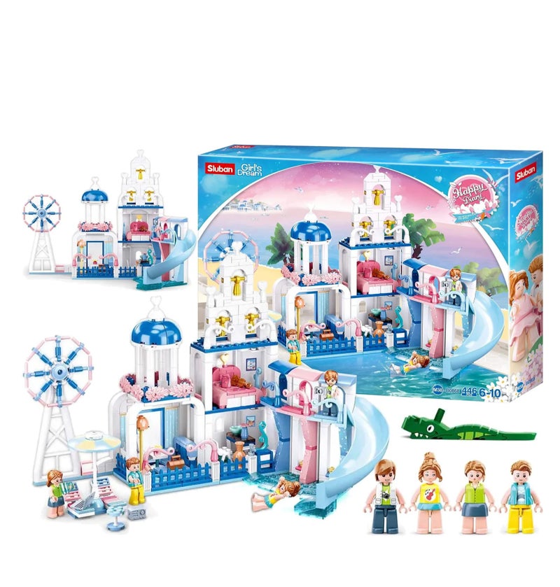 سلوبان Sluban Girls Dream Villa building set, model includes 446 pieces. The villa features a slide, a windmill, and living and entertainment areas. Building blocks, construction block set, kids building blocks, assembly, boys, blocks, girls toys, building game toy, construction toy, boys block sets, large kids blocks, building blocks, character blocks, skill development blocks, kids intelligence blocks. Home toys for children, toys for boys and girls, kids toy, kids toys, children’s toy, group games, educational kids toys, toys, boys toys, toys for 1-year-old children, toys for 6-year-old children, toys. - Image 4