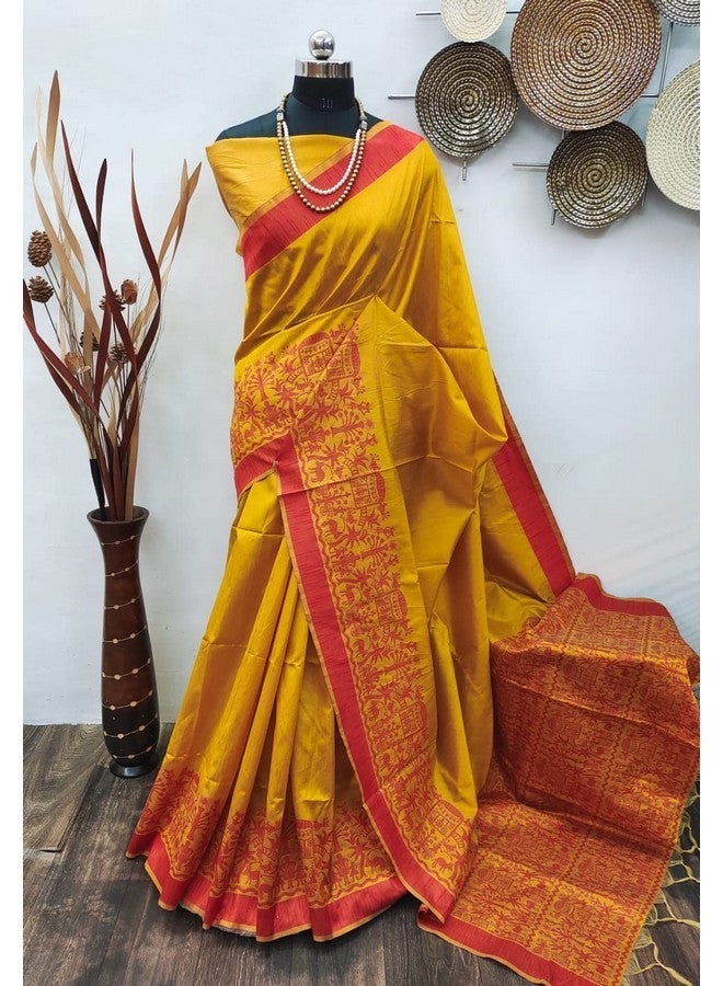 NK Textiles Women's Plain/Solid With Tribal Warli Design Border Woven Raw Silk Saree With Tassels (14 Designs & Colors), Yellow - Image 3