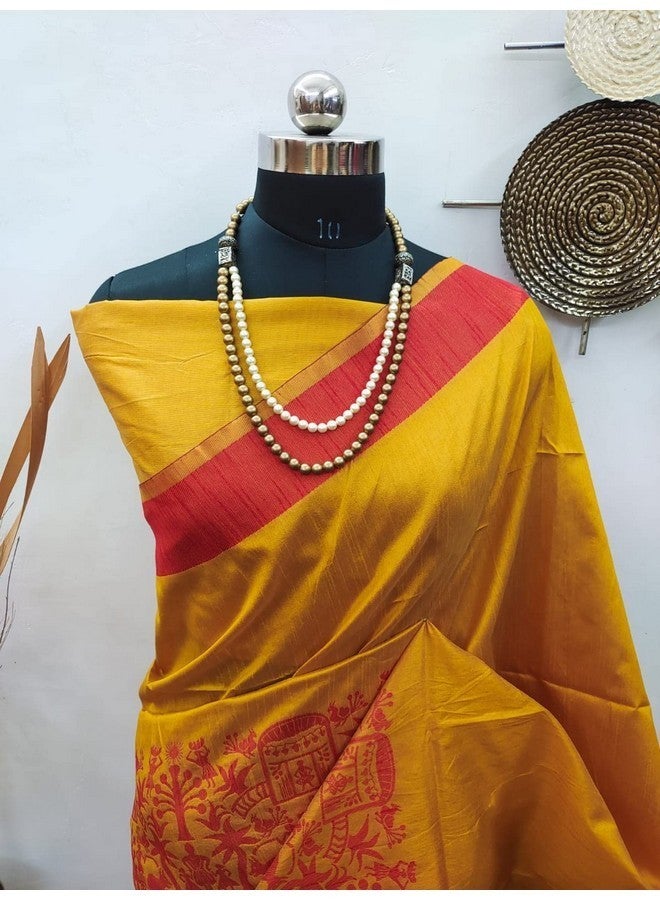 NK Textiles Women's Plain/Solid With Tribal Warli Design Border Woven Raw Silk Saree With Tassels (14 Designs & Colors), Yellow - Image 2