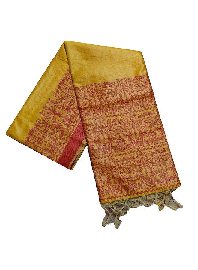 NK Textiles Women's Plain/Solid With Tribal Warli Design Border Woven Raw Silk Saree With Tassels (14 Designs & Colors), Yellow - Image 1