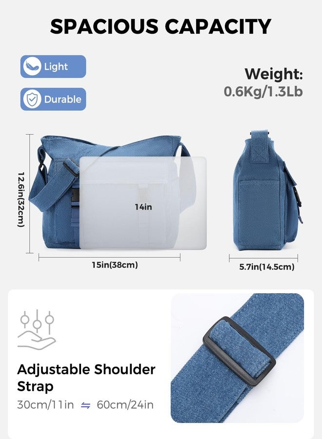 فاشي حقيبة كتف قماشية، خفيفة الوزن وكبيرة الحجم، مناسبة للرجال والنساء، للعمل/السفر/الجامعة، لون أزرق جينز - Image 2