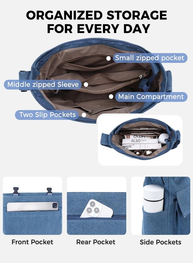 فاشي حقيبة كتف قماشية، خفيفة الوزن وكبيرة الحجم، مناسبة للرجال والنساء، للعمل/السفر/الجامعة، لون أزرق جينز - Image 3