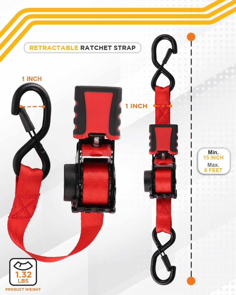 Strapinno Strapinno 4pcs Retractable Ratchet Straps Bundle 1in x 6ft Ratchet Tie Down with Rubber Coated Steel Handle, S Hooks, Breaking Strength 1500 lbs Each (Red Strap, Black Coated Buckle) (STP-RB106) - Image 2