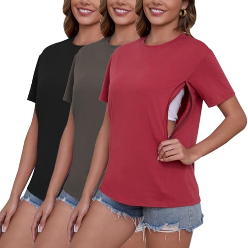 Liu & Qu 3-Pack Breastfeeding Shirts for Women with Hidden Zippers Short Sleeve Maternity Nursing Tops - Image 1