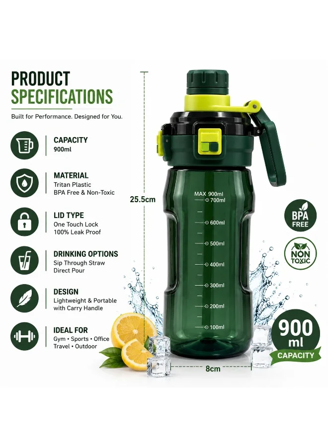 Lumberjack Green Lumberjack 900ml Green Water Bottle with Straw, Carry Handle & One-Touch Lock  | Best Price UAE