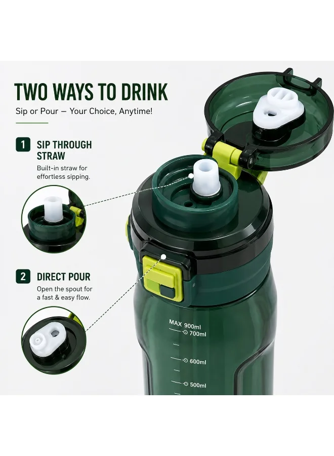 لامبرجاك Lumberjack 900ml Green Water Bottle with Straw, Carry Handle & One-Touch Lock