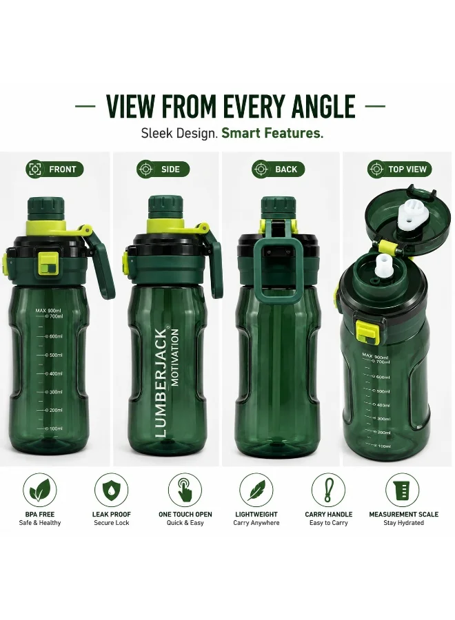 Lumberjack Green Lumberjack 900ml Green Water Bottle with Straw, Carry Handle & One-Touch Lock  | Best Price UAE