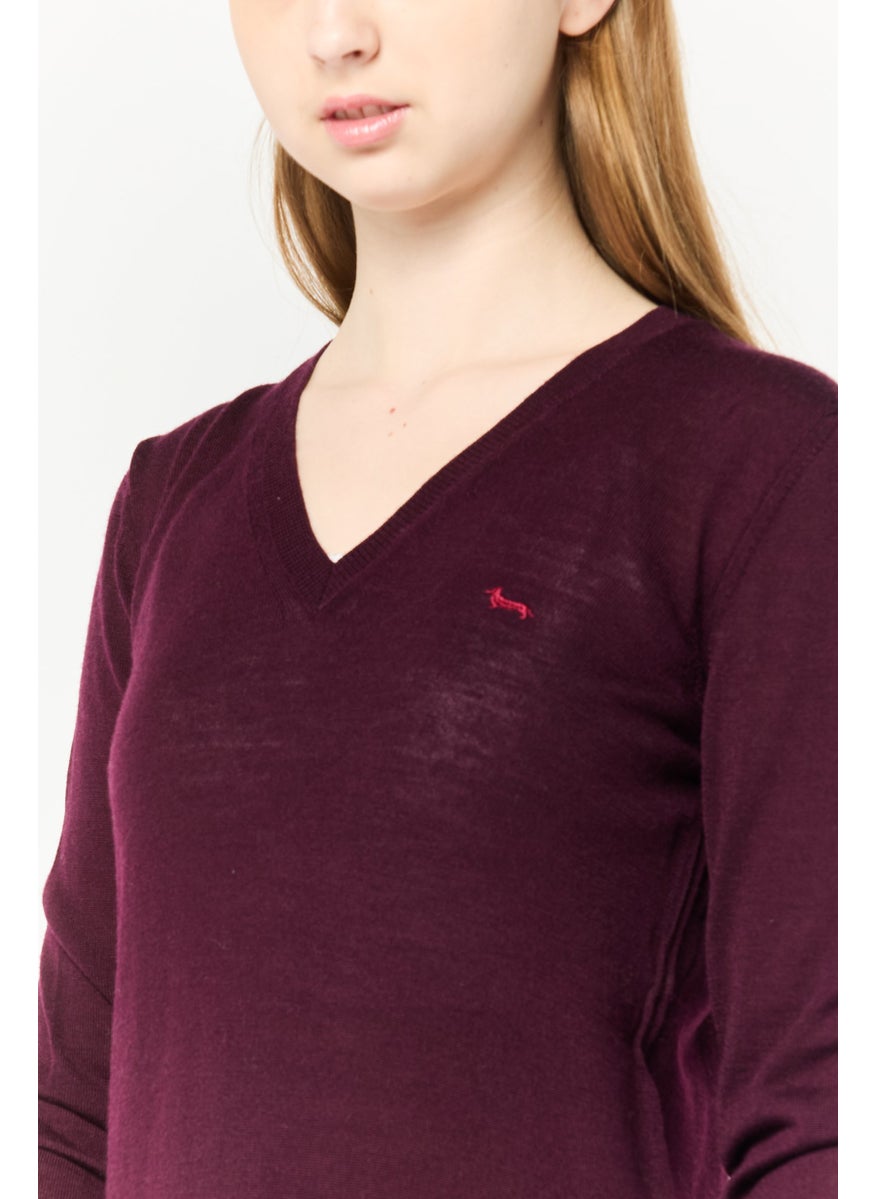 Harmont & Blaine Women V-Neck Embroidered Logo Sweater, Maroon  - Image 2