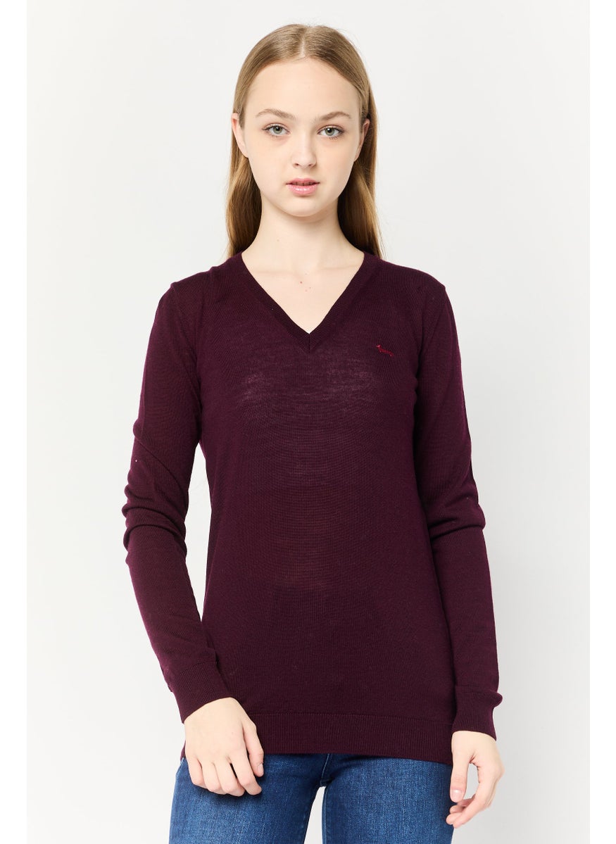 Harmont & Blaine Women V-Neck Embroidered Logo Sweater, Maroon  - Image 1
