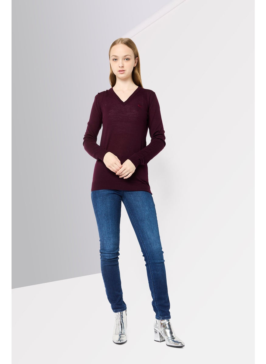 Harmont & Blaine Women V-Neck Embroidered Logo Sweater, Maroon  - Image 4
