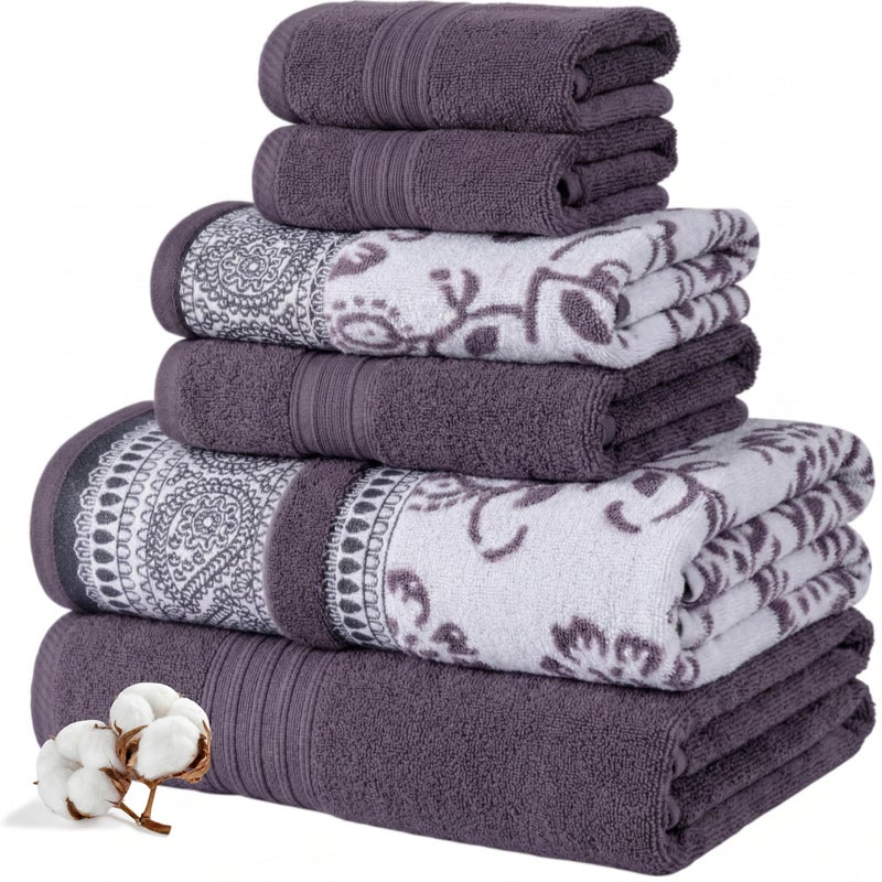 Modern Threads Floral Trail 6-Piece 100% Cotton Towel Set â€“ Reversible Yarn Dyed Jacquard â€“ Includes 2 Bath Towels, 2 Hand Towels, 2 Washcloths â€“ Absorbent, Quick Dry, Soft & Durable â€“ Purple - Image 1