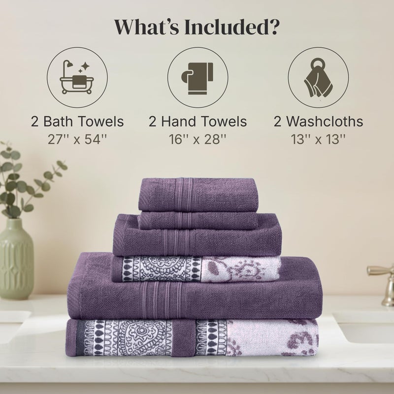 Modern Threads Floral Trail 6-Piece 100% Cotton Towel Set â€“ Reversible Yarn Dyed Jacquard â€“ Includes 2 Bath Towels, 2 Hand Towels, 2 Washcloths â€“ Absorbent, Quick Dry, Soft & Durable â€“ Purple - Image 3