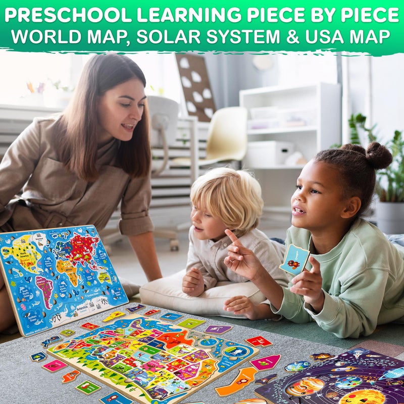 كوكا مجموعة أحجيات قطع تركيب خشبية بتصميم خريطة العالم والولايات المتحدة الأمريكية - Image 5