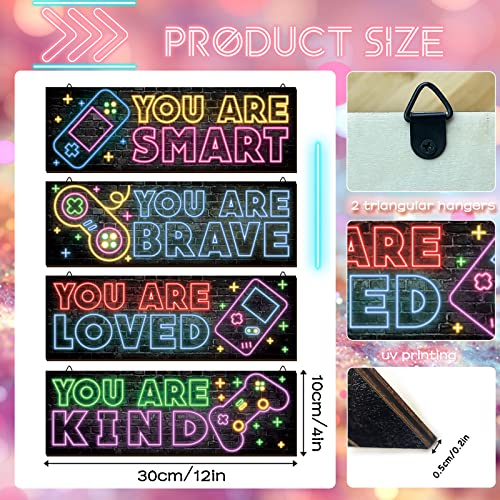 YLOLUL 4 Pieces Neon Gaming Decor for Boys Room Wooden Video Game Wall Art Print 11.8 x 3 Inch Motivational Quote Gamer Hanging Plaques Wall Decor for Boys Kids Room Bedroom Playroom Decorations (Neon B) - Image 2